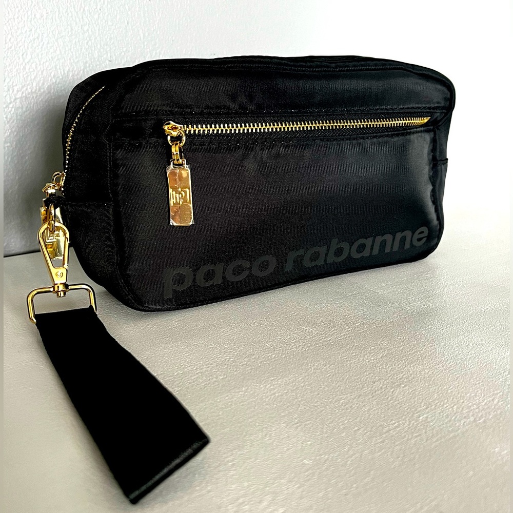 NWOT Paco Rabanne Black & Gold zipper Pouch Travel Bag